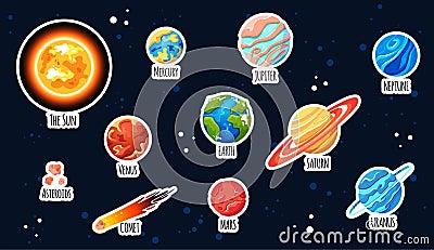 Set of planet stickers. Cartoon solar system. Vector Illustration