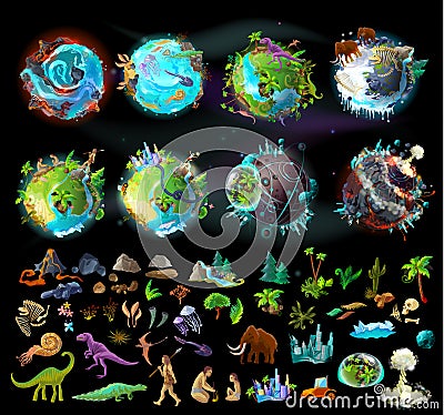 Set of planets and elements for game design Vector Illustration