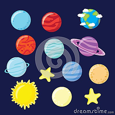 Set of planets, stars, sun and moon Cartoon Illustration
