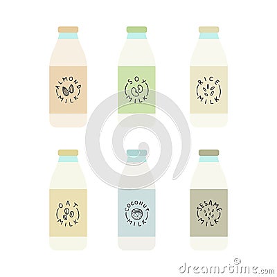 Set of plant based milk bottles. Vector Illustration