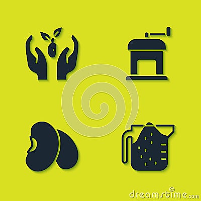 Set Plant in hand, Measuring cup, Beans and Manual coffee grinder icon. Vector Vector Illustration