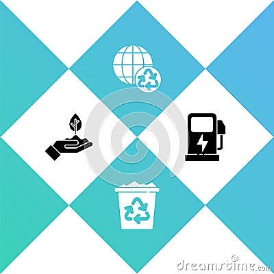 Set Plant in hand, Recycle bin with recycle, Planet earth recycling and Electric car charging station icon. Vector Vector Illustration