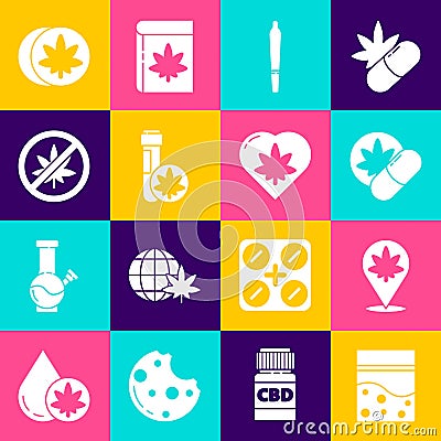 Set Plastic bag of cannabis, Location and marijuana, Herbal ecstasy tablets, Marijuana joint, Chemical test tube with Vector Illustration