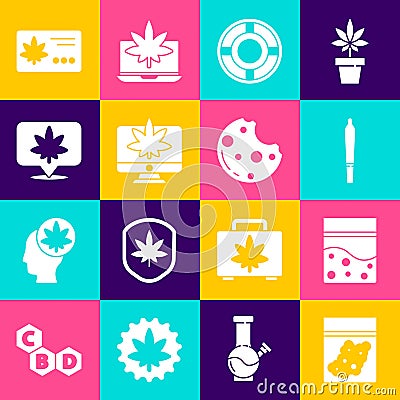 Set Plastic bag of cannabis, Marijuana joint, Ashtray, Monitor and marijuana or, Location, Calendar leaf and Cookies Vector Illustration