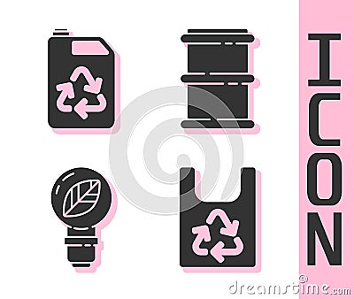Set Plastic bag with recycle, Eco fuel canister, Light bulb with leaf and Barrel icon. Vector Vector Illustration