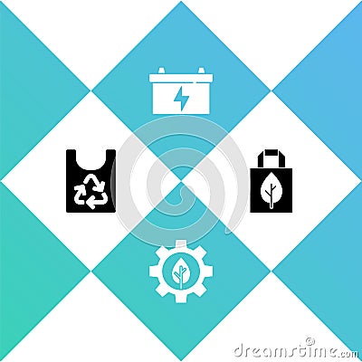 Set Plastic bag with recycle, Leaf plant in gear machine, Car battery and Shopping icon. Vector Vector Illustration