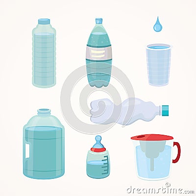 Set Plastic bottle of pure water, different bottle design vector illustration in cartoon style. Vector Illustration
