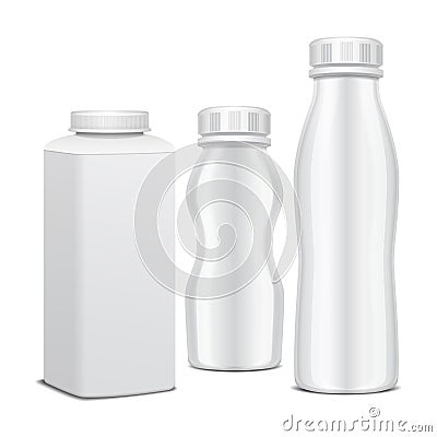 Set of plastic bottle with cap for dairy products. For milk, drink yogurt, cream, dessert. Vector realistic pack Vector Illustration