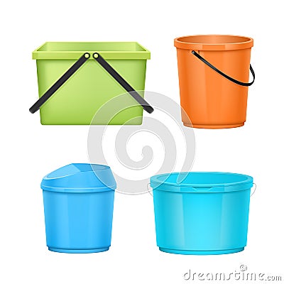 Set of plastic bucket realistic. Household or garden pails, trash bin with lid and handle Vector Illustration