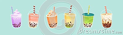 Set of plastic glasses with Taiwanese bubble or boba milk tea with different flavors: matcha, honeydew, etc. Collection Vector Illustration