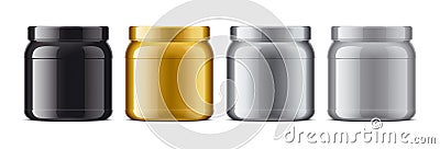 Set of plastic Jars. Metalized surface version. Gold, Silver, Grey, Black colors Vector Illustration