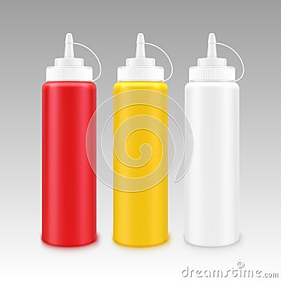 Set of Plastic Mayonnaise Mustard Ketchup Bottle Vector Illustration