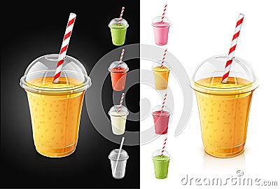 Set of plastic transparent cups with pipe for smoothie. Fresh drinks. Vector Illustration