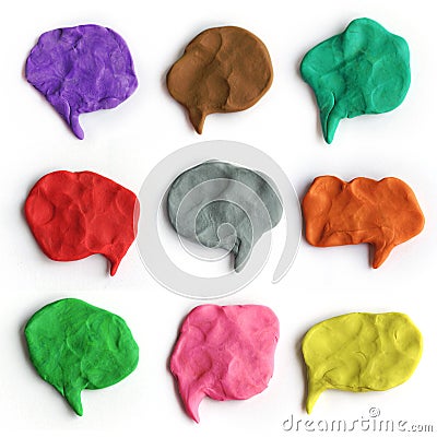 Set of plasticine colorful speech bubbles. Modeling clay handmade talk clouds Stock Photo