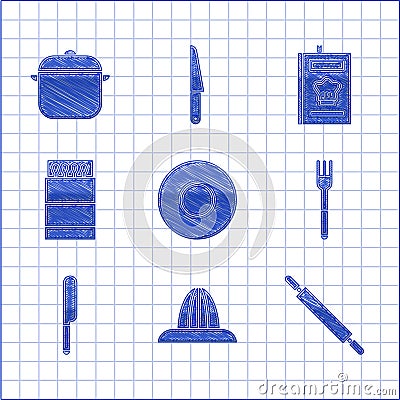 Set Plate, Citrus fruit juicer, Rolling pin, Fork, Knife, Open matchbox and matches, Cookbook and Cooking pot icon Vector Illustration