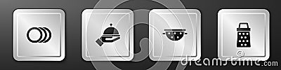 Set Plate, Covered with tray, Kitchen colander and Grater icon. Silver square button. Vector Vector Illustration