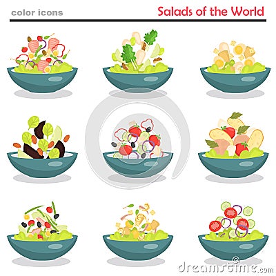 Set of plates with various world cuisine salads color flat icons Stock Photo