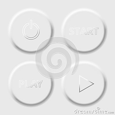 Set play button icon on grey background. Realistic grey buttons. Neumorphic design. Neomorphic buttons set Vector Illustration