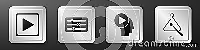 Set Play in square, Sound mixer controller, Head people with play button and Triangle musical instrument icon. Silver Vector Illustration