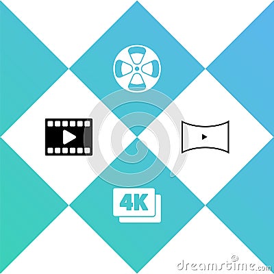 Set Play Video, 4k Ultra HD, Film reel and Online play video icon. Vector Vector Illustration