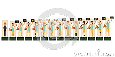 The set of players. Cartoon basketball team with the coach. Vector illustration isolated on white background. Vector Illustration