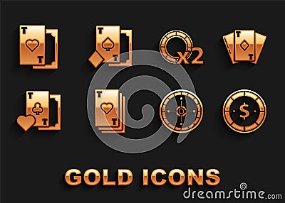 Set Playing card with heart, diamonds, Casino chip dollar, roulette wheel, clubs symbol, chips, and spades icon. Vector Vector Illustration