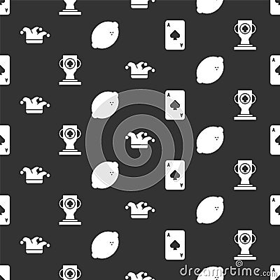 Set Playing card with spades, Casino poker trophy cup, Joker playing card and Casino slot machine with lemon on seamless Vector Illustration