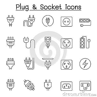 Set of Plug Related Vector Line Icons. Contains such Icons as Socket, outlet, Charge, outlet, wire, cable, cord, prong and more Vector Illustration