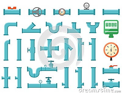 Set of plumbing equipment with pipes Vector Illustration