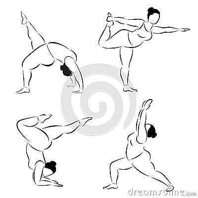 Set of plus size flexible sporty woman doing yoga fitness. Vector Illustration