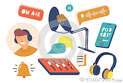 Set of Podcast Icons Professional Microphone, On Air Sign, Sound Track, Headphones. Equalizer, Dj Avatar, Speech Bubbles Vector Illustration