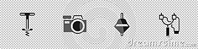 Set Pogo stick jumping toy, Photo camera, Whirligig and Slingshot icon. Vector Vector Illustration