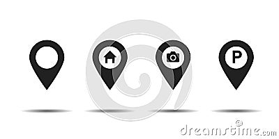 Set of pointer icons house camera parking pins for map. Sign of navigation or location isolated on white background Vector Illustration