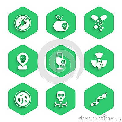 Set Poisoned alcohol, Bones and skull, Snake, Radioactive, Petri dish with bacteria, in location, pill and Stop colorado Stock Photo