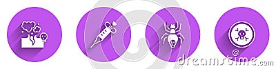 Set Poisonous cloud of gas or smoke, Syringe, spider and Bones and skull icon with long shadow. Vector Vector Illustration