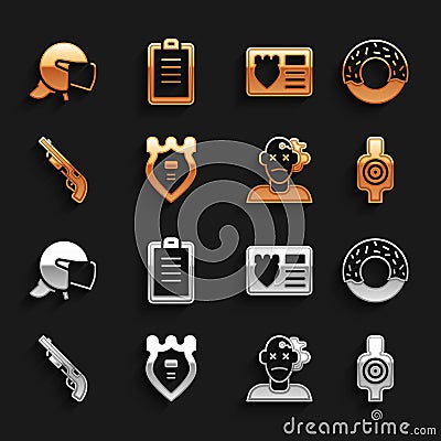 Set Police badge, Donut, Human target sport for shooting, Murder, shotgun, with id case, helmet and report icon. Vector Vector Illustration