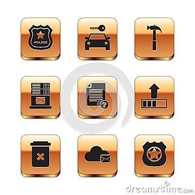 Set Police badge, Trash can, Cloud mail server, Unknown document, Mail and Hammer icon. Vector Vector Illustration