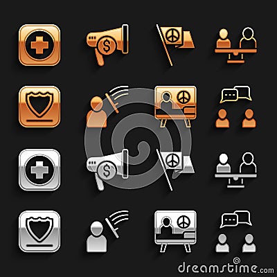 Set Police beat human, Gender equality, Speech bubble chat, Peace, Shield, Hospital signboard and Megaphone and dollar Vector Illustration