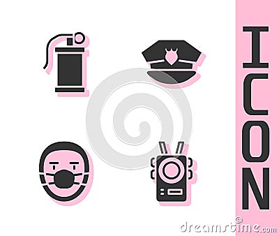 Set Police body camera, Hand smoke grenade, Doctor pathologist and cap with cockade icon. Vector Vector Illustration