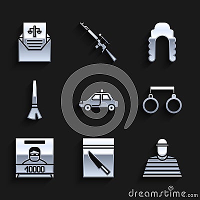 Set Police car and flasher, Evidence bag knife, Prisoner, Handcuffs, Wanted poster, Paint brush, Judge wig and Subpoena Vector Illustration