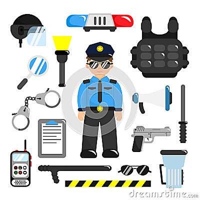 Set of police equipment in cartoon style. Vector illustration police officer, pistol, baton, body armor, helmet, flashlight, Vector Illustration