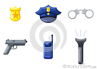 Set police in flat style on white background. Detective elements walkie-talkie, handcuffs, badge, cap, flashlight, pistol Vector Illustration