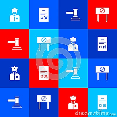 Set Police officer, Poll document, Judge gavel and Protest icon. Vector Vector Illustration