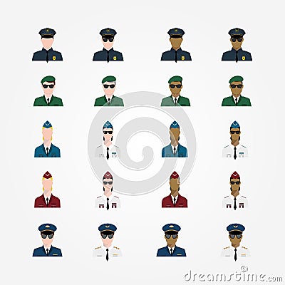 Set of policeman military pilot flight attendant woman pilot in Vector Illustration