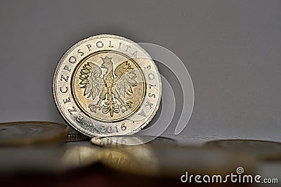 Set of Polish coins Zloty, PLN in silver and gold colors as a symbol of currency in Poland Stock Photo