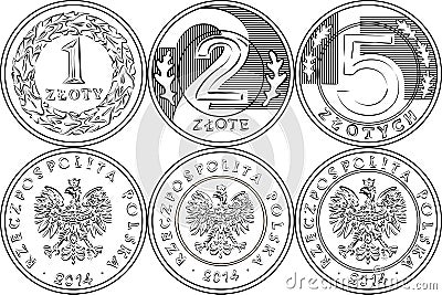 Set Polish Money one, two and five zloty coins Vector Illustration
