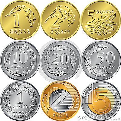 Set Polish Money zloty and grosz coins Vector Illustration