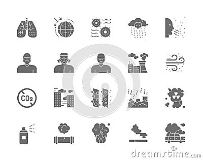 Set of Pollution Gray Icons. Air Dust, Radioactive Rain, Protective Mask, Smog Vector Illustration