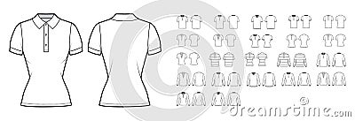 Set of Polo Shirts technical fashion illustration with long short sleeves, tunic length, henley neck, oversized fitted Vector Illustration