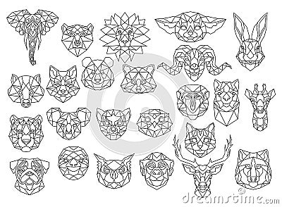 Set of polygonal animal portraits. Collection of geometric animal heads. Black white illustration. Linear art. Tattoo. Vector Illustration